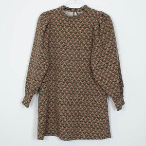 Zara Geometric Print Balloon Sleeve Mock Neck Shift Mini Dress Womens Size Small